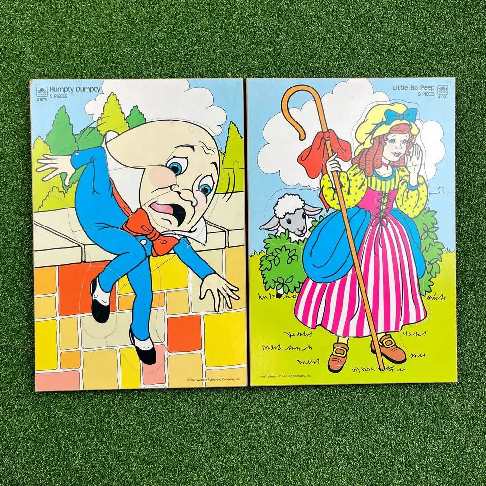 VTG Lot 1987 Wooden Puzzles 9 Pieces Humpty Dumpty Little Bo Peep